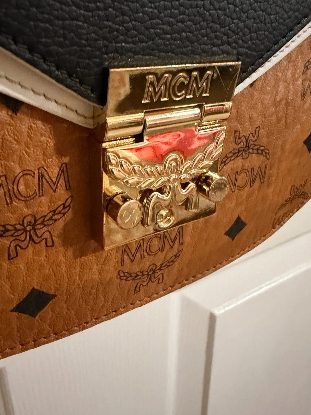 MCM Colorblock Visetos Crossbody in Cognac, Black & Cream